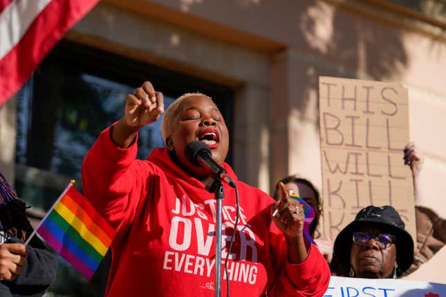 Florida House Representative Michele Rayner delivers an impassioned speech vowing to challenge the controversial “Don’t say gay” bill passed by Florida’s Republican-led legislature and now on its way to Gov. Ron DeSantis’ desk, during a rally on the front steps of city hall in St. Petersburg, Fla., on Saturday, March 12, 2022.