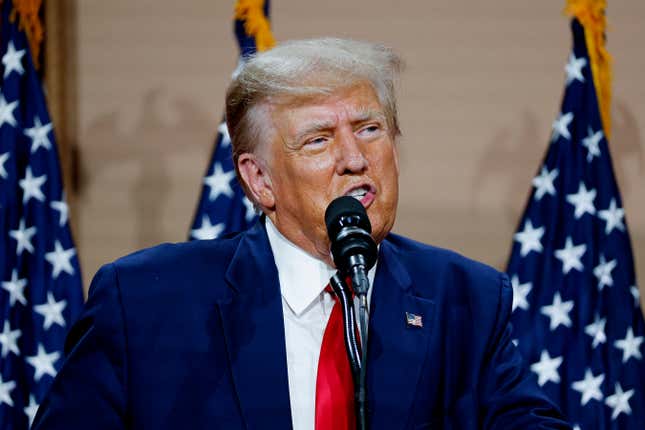 Former President Donald Trump speaks in Clinton Township, Mich., Wednesday, Sept. 27, 2023. (AP Photo/Mike Mulholland)