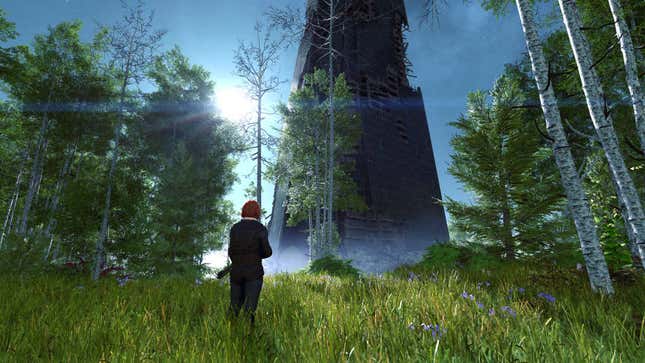 A character in Starfield stands before a ruined building in the middle of a forest.