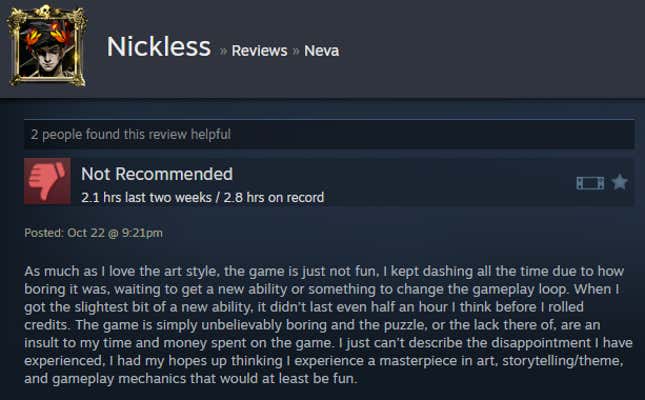 A screenshot shows a Steam user review from Neva.