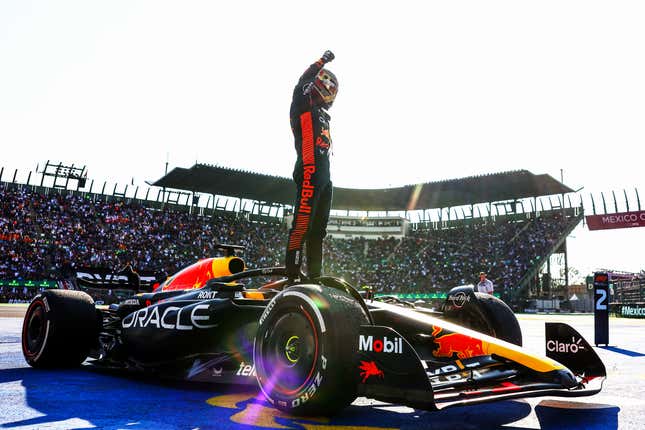 Race winner Max Verstappen of the Netherlands and Oracle Red Bull Racing celebrates in parc ferme during the F1 Grand Prix of Mexico at Autodromo Hermanos Rodriguez on October 29, 2023 in Mexico City, Mexico