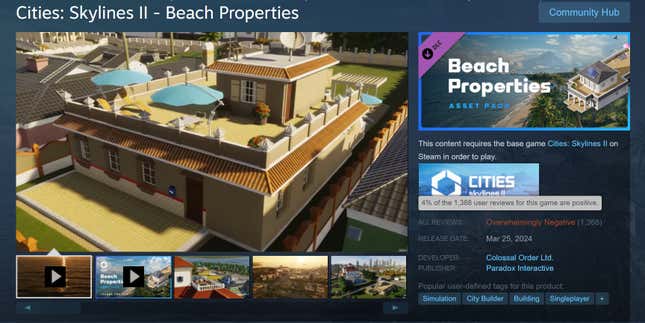 스크린샷은 Steam의 Beachfront DLC 리뷰 평점을 보여줍니다. 