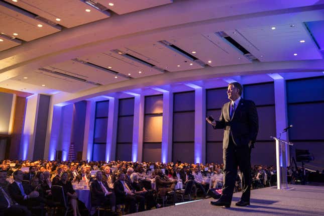 In this photo provided by the Georgia Ports Authority, Griff Lynch, President and CEO of the Georgia Ports Authority, provides an update on the Port of Savannah&#39;s progress and future trajectory to 1,200 leaders from the maritime, supply chain, business and political sectors Thursday, Oct. 12, 2023, during the annual State of the Port event in Savannah, Ga. (Stephen B. Morton/Georgia Ports Authority via AP)