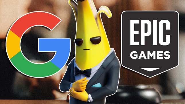 Peely fixes his cuffs in front of Google and Epic Games logos. 