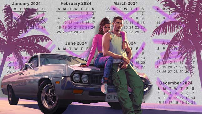 An image shows the main characters from GTA 6 in front of a calendar. 