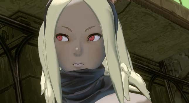 The protagonist of Gravity Rush looks off camera.