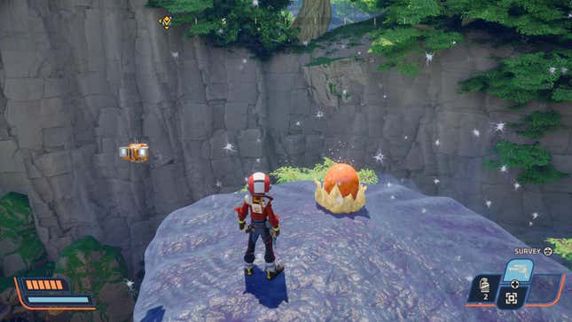 An explorer stands near an alien egg.