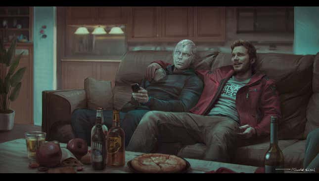 Star-Lord and White Vision sitting on a couch with beer and pizza on the table in front of them.