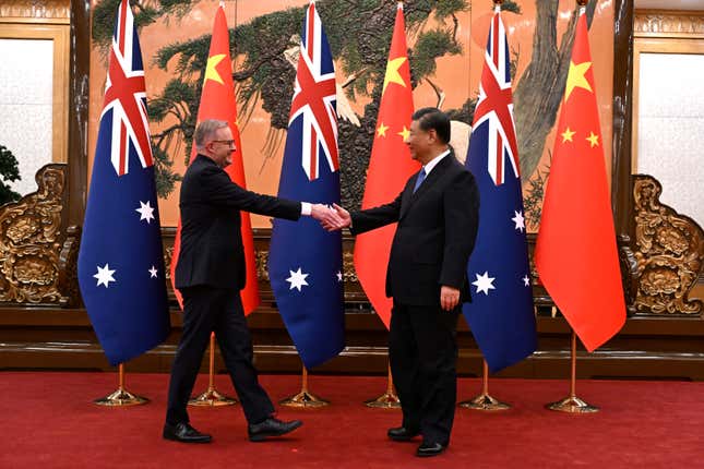 Australia's Prime Minister Anthony Albanese shakes hands with China's President Xi Jinping at the Great Hall of the People in Beijing, China, November 6, 2023