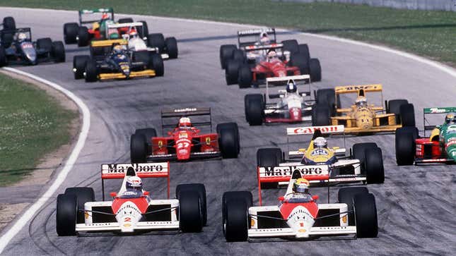 A photo of a Formula 1 race from 1989. 