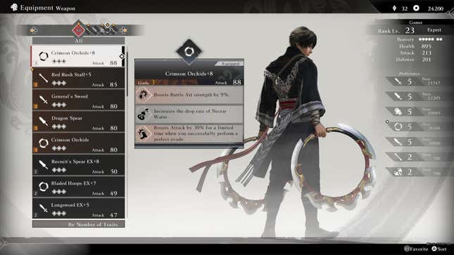 A screenshot of the weapon menu in Dynasty Warriors: Origins. The protagonist has the ring weapon equipped, it’s stats show it has a +8 modifier with three additional traits.