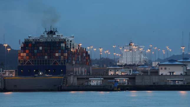 The container ship CMA CGM Vela passes the Miraflores locks while transiting the Panama Canal on September 23, 2023 in Panama City, Panama.