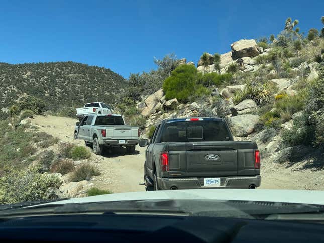 A row of 2024 Ford F-150 Tremors on an off-road trail