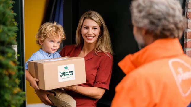 Family receiving Too Good To Go Unilever Box delivery