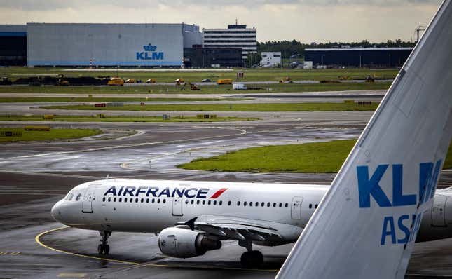 An Air France plane is pictured on the tarmac of the Schiphol airport on May 24, 2022 