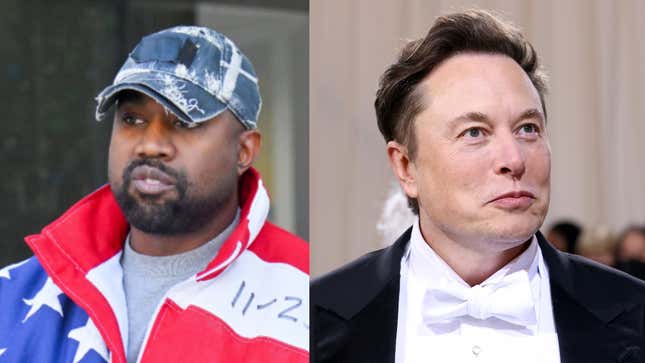 Kanye West is seen on November 27, 2022 in Los Angeles, California (left) Elon Musk on May 2,  2022 in New York City (right). 