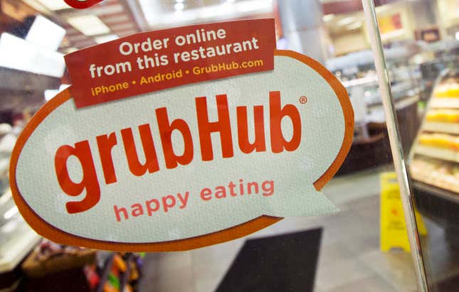 FILE - In this April 4, 2014 file photo, a sign with the old GrubHub logo is displayed is displayed on the door to a New York restaurant. Campbell announced a $3.5 million settlement Friday, Jan 12, 2024, with the online food delivery service platform Grubhub. The settlement resolves a 2021 lawsuit brought by Campbell alleging the firm illegally overcharged fees to Massachusetts restaurants in violation of the fee cap put in place during the COVID-19 public health emergency. (AP Photo/Mark Lennihan, File)