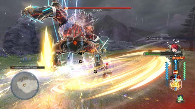  A boy with red hair swings his sword to hit the leg of a giant golem. The sword emits a bright yellow wave of energy that fills the image.