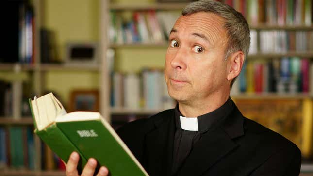 A priest holding a bible looks at you with surprise. 