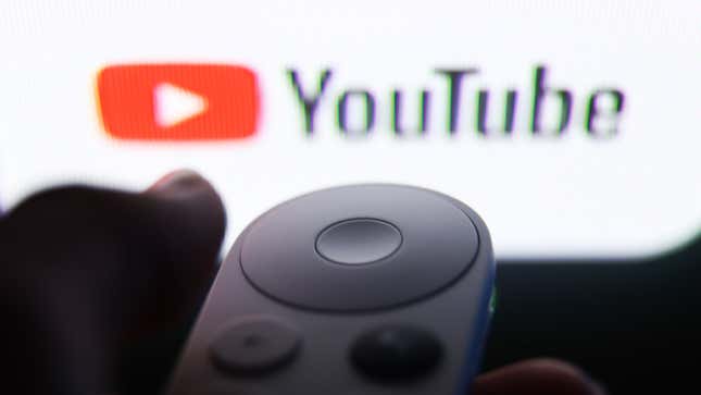 YouTube logo on Chromecast menu displayed on a TV screen and Chromecast remote control are seen in this illustration photo