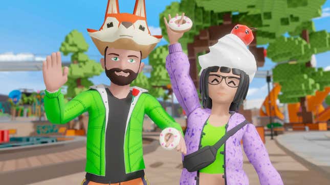 Two Decentraland avatars wave with silly hats.
