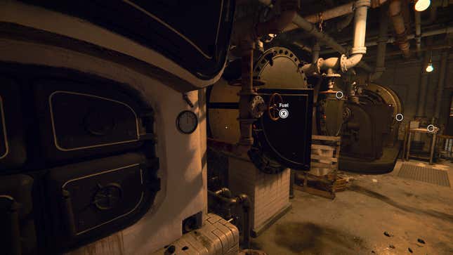 A screenshot shows machinery inside a boiler room with multiple valves, one of which is labeled as “Fuel”.