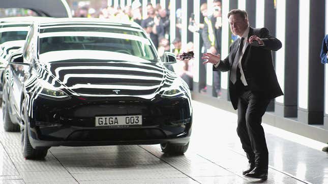 : Tesla CEO Elon Musk attends the official opening of the new Tesla electric car manufacturing plant on March 22, 2022 near Gruenheide, Germany.