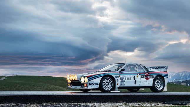 A photo of a Lancia Group B rally car. 