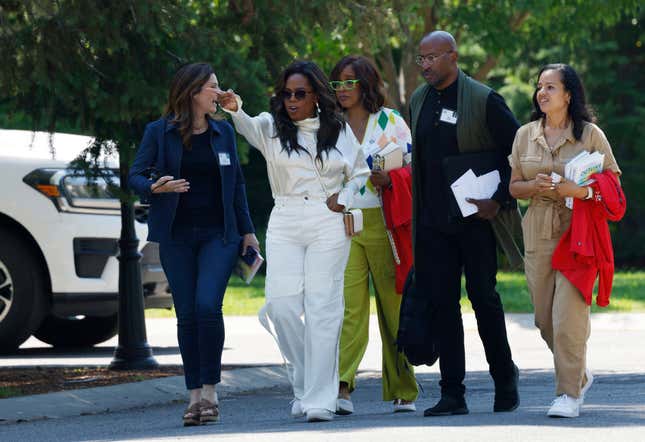 Oprah leads Gayle King, Erin Burnett and Van Jones after the morning session at the Allen & Company Sun Valley Conference on July 10, 2024 in Sun Valley, Idaho.