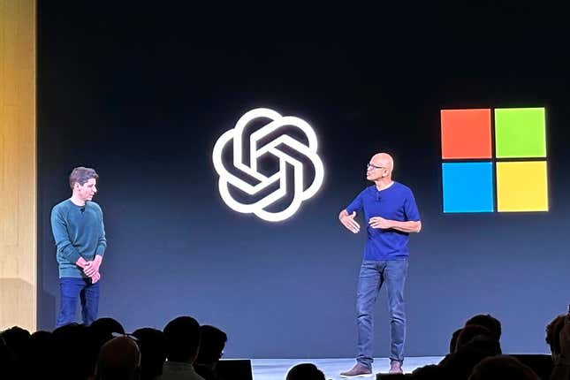 FILE - OpenAI CEO Sam Altman, left, appears onstage with Microsoft CEO Satya Nadella at OpenAI&#39;s first developer conference, on Nov. 6, 2023, in San Francisco. The European Union says Microsoft’s multibillion-dollar investment in ChatGPT-maker OpenAI could trigger a merger investigation. The EU&#39;s executive branch said Tuesday, JAN. 9, 2024, it’s “checking whether Microsoft’s investment in OpenAI might be reviewable” under regulations covering mergers and acquisitions that would harm competition in the 27-nation bloc. (AP Photo/Barbara Ortutay, File)