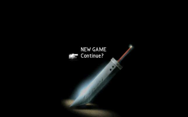 La pantalla de inicio de Final Fantasy VII muestra una espada grande y una opción para un juego nuevo o para continuar.