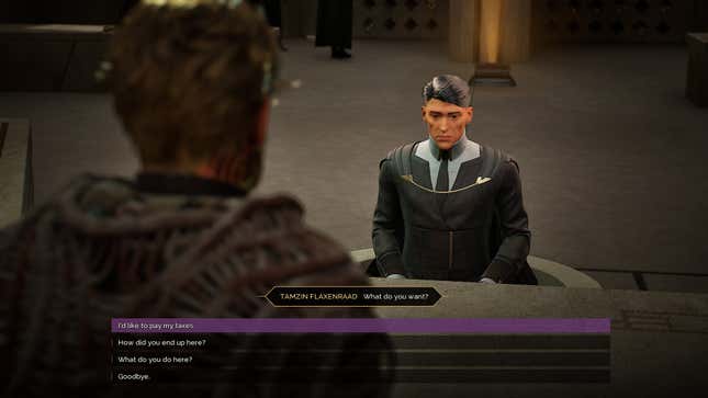 Paying taxes at the Imperial Tax Collector in Arrakeen in Dune Awakening.