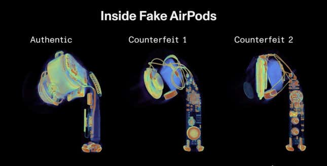 CT scans of real and fake Airpods. 