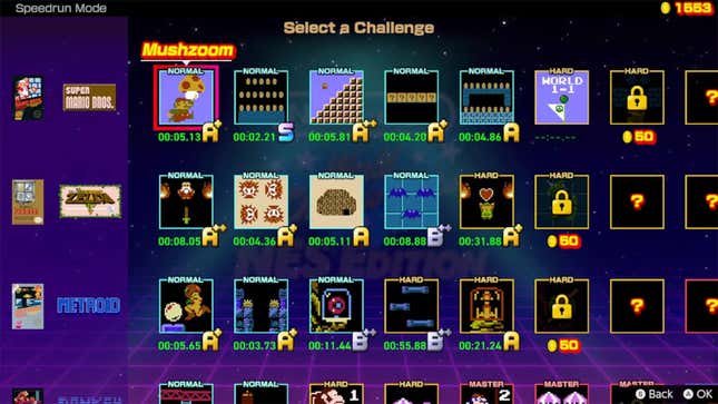 A screenshot of a speed run mode shows different game level selections from Nintendo's history.