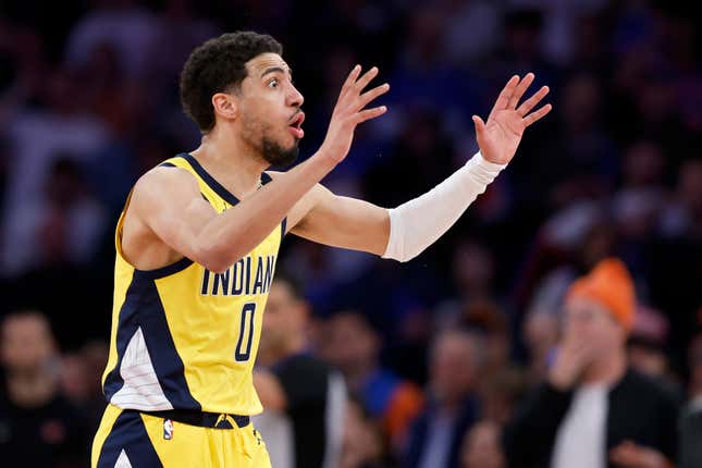 NEW YORK, NEW YORK - MAY 06: Tyrese Haliburton #0 of the Indiana Pacers reacts after a play during the second half in Game One of the Eastern Conference Second Round Playoffs against the New York Knicks at Madison Square Garden on May 06, 2024 in New York City. NOTE TO USER: User expressly acknowledges and agrees that, by downloading and or using this photograph, User is consenting to the terms and conditions of the Getty Images License Agreement. (Photo by Sarah Stier/Getty Images)