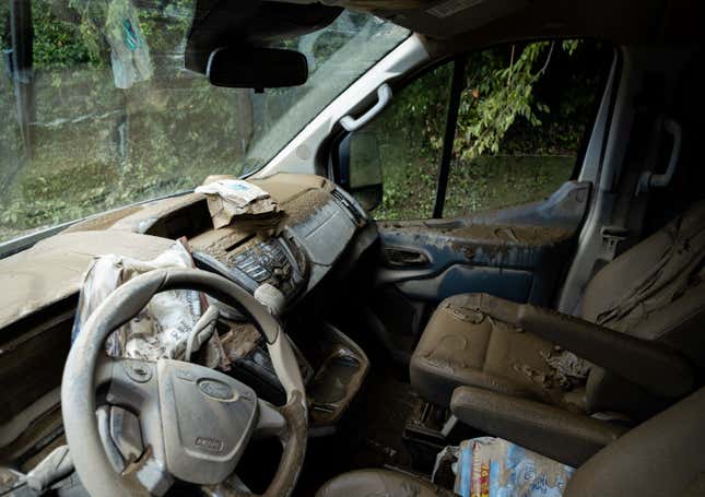 Mud is seen inside a water-damaged car in the aftermath of historic  flooding in Eastern Kentucky near Jackson, Kentucky on July 31, 2022.