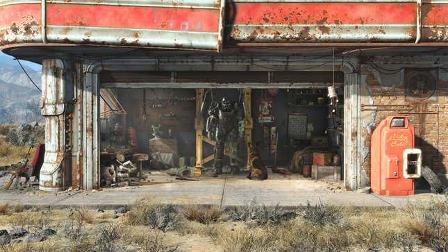 Key art from Fallout 4, showing the series' power armor in a workshop in a garage.