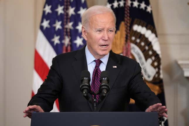 President Joe Biden speaks in the State Dining Room of the White House, Oct. 31, 2023, in Washington. The Biden administration proposed banning another type of bank “junk fee” on Wednesday, Jan. 24, 2024 targeting fees that are typically charged by banks when a transaction is declined in real time. (AP Photo/Andrew Harnik)