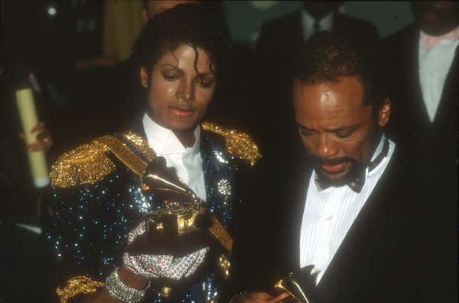 LOS ANGELES - FEBRUARY 28: Pop singer Michael Jackson and producer Quincy Jones pose for a portrait after winning at the Grammys for their work on the album Thriller on February 28, 1984 in Los Angeles, California.