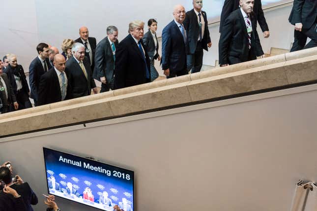 US president Donald Trump with with Klaus Schwab (right), Founder and Executive Chairman of the World Economic Forum.
