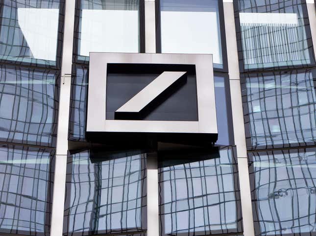 FILE - The Deutsche Bank logo is displayed at a bank&#39;s building in Frankfurt, Germany, April 9, 2018. Deutsche Bank, Germany&#39;s largest lender, said Thursday, Feb. 1, 2024 it would cut 3,500 jobs as part of efforts to cut costs by 2.5 billion euros through next year and boost profits as the bank benefits from rising global interest rates. (AP Photo/Michael Probst, File)