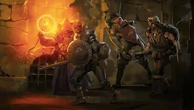 A mage leads three other adventurers down a dark stone hallway.