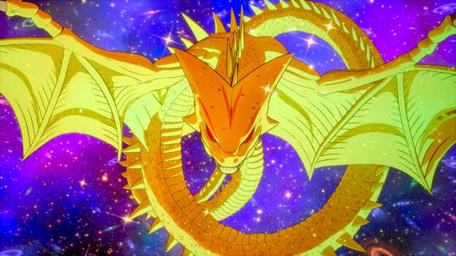 Super Shenron looking very super in front of a purple starry backdrop.