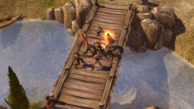 The player fighting satyrs on a bridge in Titan Quest: Anniversary Edition.