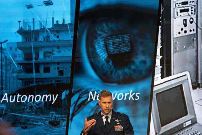 U.S. Air Force Brig. Gen. David A. Mineau speaks at the Dubai International Air Chiefs&#39; Conference in Dubai, United Arab Emirates, Sunday, Nov. 12, 2023. As Israel unleashes one of the most-intense aerial bombing campaigns the Mideast has ever seen, leaders from the world&#39;s top air forces met Sunday in the United Arab Emirates to talk almost anything that wasn&#39;t an airstrike. (AP Photo/Jon Gambrell)