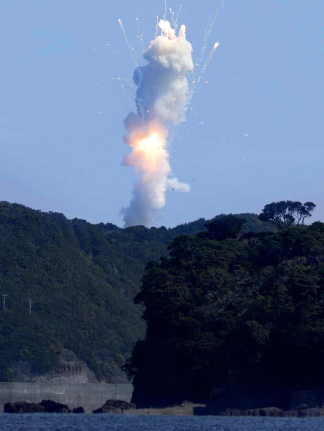 Space One&#39;s Kairos rocket explodes after liftoff from a launch pad in Kushimoto, Wakayama prefecture, western Japan, Wednesday, March 13, 2024. The rocket touted as Japan’s first from the private sector to go into orbit exploded shortly after takeoff Wednesday, livestreamed video showed. (Kyodo News via AP)