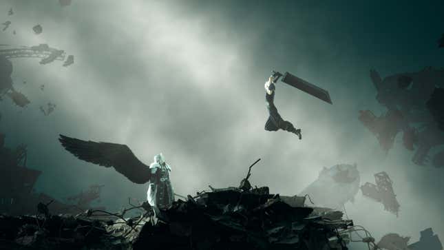 Cloud swings his sword and leaps toward Sephiroth.