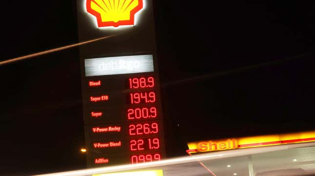 Prices for fuels at a gas station in North Rhine-Westphalia, Germany this week.
