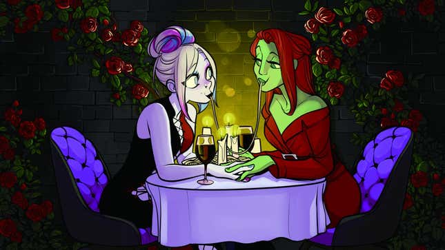 Harley Quinn and Poison Ivy sit at a candle-lit dinner as they share spaghetti and look lovingly into each others eyes.