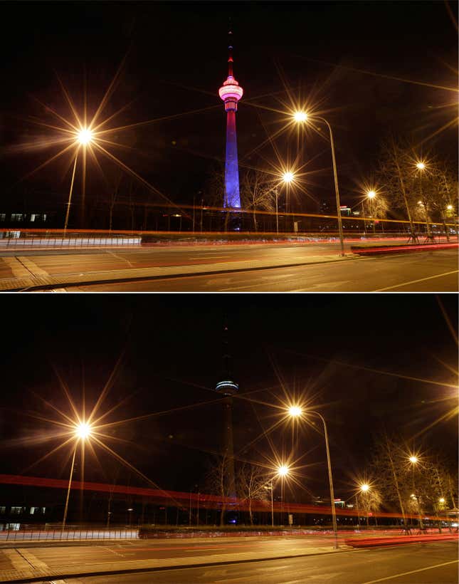 A combination photo shows a view of China Central Radio and Television Tower before (top) and during Earth Hour in Beijing, China March 25, 2017.